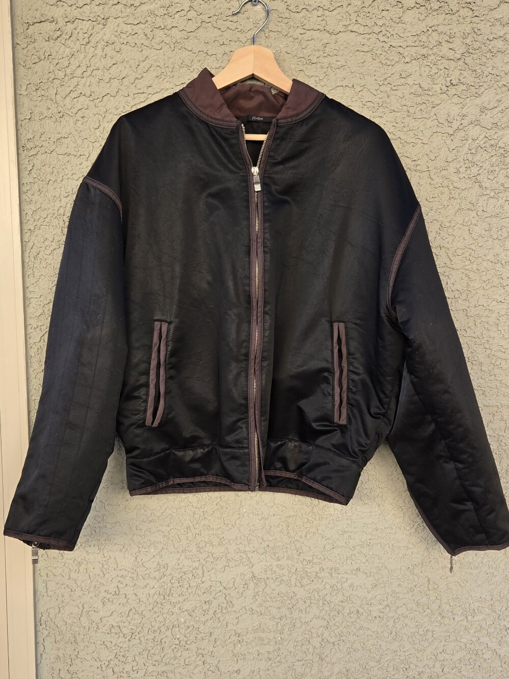 Claude Montana Vintage Men's Black Satin Bomber Jacket with Brown Trim